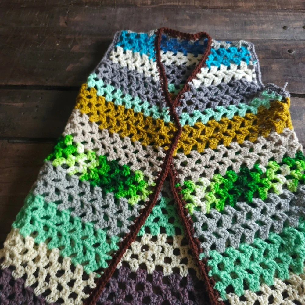 Handmade Crochet Granny Stitch Vest Multi Color Striped Boho Open Front 1970s 60